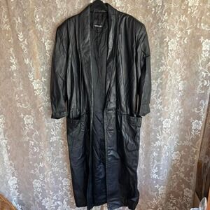 Vintage 90s Pelle Medium Black Long Leather Jacket | Y2K Chic Leather Trench